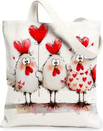 Generic Cute Chickens Canvas Tote Bag, Heart Pattern Reusable Grocery Bags, Lightweight Washable Shoulder Strap Canvas Bags for Val, White, 13x15 Inch