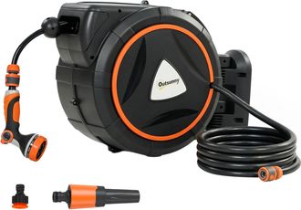 OUTSUNNY Enrollador De Manguera Para Jard&iacute;n De Pared 23+2 M Con 12 Modos De Rociado, Bloqueo Autom&aacute;tico Y Retracci&oacute;n Controlada, Soporte, Naranja