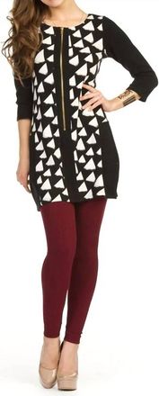 Papillon Geometric Triangle Print 3/4 Sleeve Dress With Zipper In Black