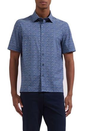 Bugatchi Milo OoohCotton Leaf Print Short Sleeve Button-Up Shirt in Cobalt at Nordstrom, Size Xx-Large