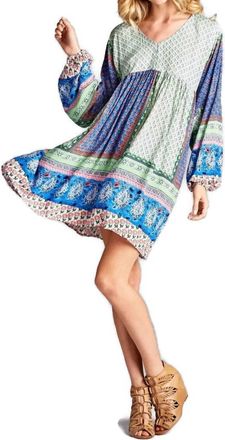 Velzera Paisley Color Block Mini Dress In Blue Green