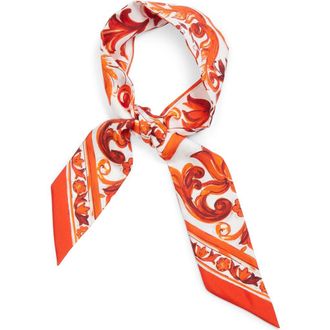 Dolce & Gabbana Majolica Print Silk Skinny Scarf in Mix Maiolica Orange at Nordstrom
