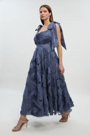 Karen Millen Womens Textured Ruffle Woven Midi Prom Dress - Blue - Size 14 UK