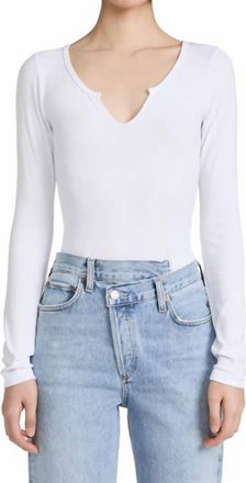 LnA Emory Notch Rib Long Sleeve Top In White