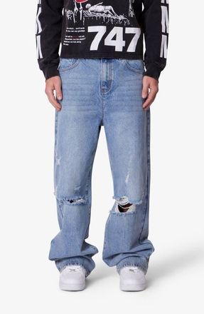 mnml Blowout Baggy Ripped Wide Leg Jeans in Washed Vintage Blue at Nordstrom, Size 29