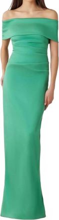 Teri Jon Stretch Mikado Off The Shoulder Draped Column Gown In Green