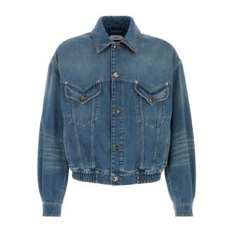 Versace Denim Jackets, male, Blue, Size: L Point Collar Medusa Cotton Denim Jacket