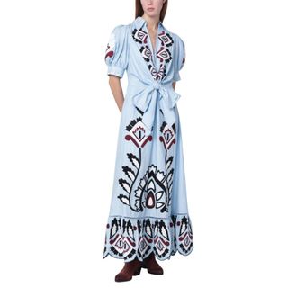 Farm Rio FARM Rio, Maxi Dresses, female, Blue, Size: XS Embroidered Puff-sleeve Maxi Dress
