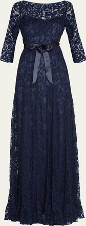 Teri Jon 3/4-Sleeve Lace Overlay Gown