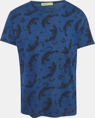 Versace Jeans Blue Tiger Print Jersey Crew Neck T-Shirt