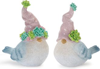 Melrose International Succulent Bird Gnome Figurine (Set of 2) - Green, Blue