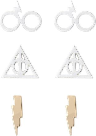 Harry Potter Deathly Hallows and Lightning Bolt Studs Earrings, 3-Pack in Multi at Nordstrom