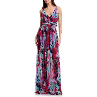 Dress The Population Taylor Metallic Floral Pliss&eacute; Gown in Bright Fuchsia Multi at Nordstrom, Size Xx-Small