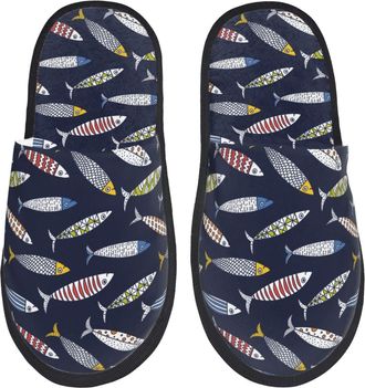 Generic Camping Slippers Sardine Print Fuzzy Slippers Soft Sleepers Plush Lined Slipper For Travel Casual Indoor L