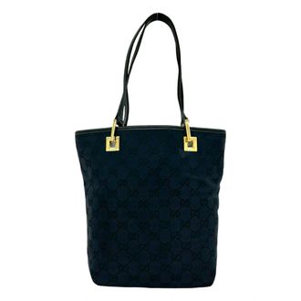 Gucci Black Navy Canvas Leather Handbag Tote Bag (Pre-Owned)