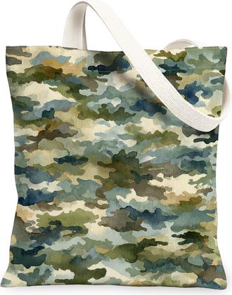 Generic Camouflage Canvas Tote Bag, Eco-Friendly Military Pattern Reusable Grocery Bag, Summer Vintage Lightweight Washable Shoulde, Green, 13x15 Inch