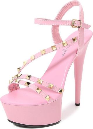 Generic Pink,4.5 UK,Womens High Stiletto Platform Heeled Sandals Peep Open Toe Ankle Strap pumps15cm Heels Studded Sandals Wedding Party Dress Shoes