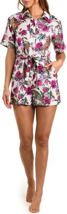 L'agence Hestia Rose Leopard Print Tie Waist Cover-Up Romper in White Multi at Nordstrom, Size X-Large