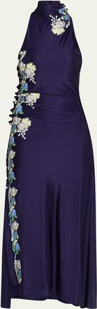 Paco Rabanne Floral Embroidered Snap Draped Jersey Midi Dress