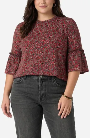 Liverpool L.A. Jewel Neck Flared Sleeve Top in Red/black Multi at Nordstrom, Size 2X