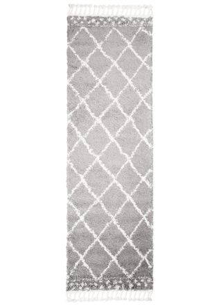 Tapiso Alfombra de pasillo gris crema cuadros flecos 100x150