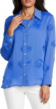 Multiples Button Front Top With Floral Trim And Knit Tank In French Blue