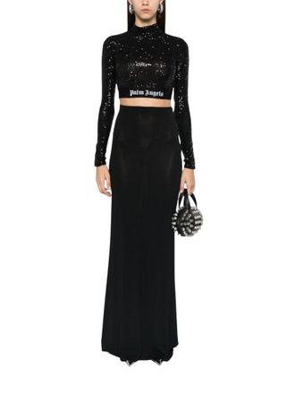 Palm Angels Black Embellished Mock Collar Top