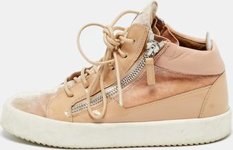 Giuseppe Zanotti Pink/beige Leather And Patent Leather Mid Top Sneakers
