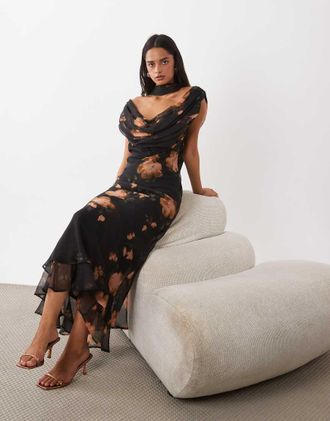 Asos vestito maxi a doppio strato con dettaglio foulard e spalle scoperte, stampa floreale arancione-Multicolore