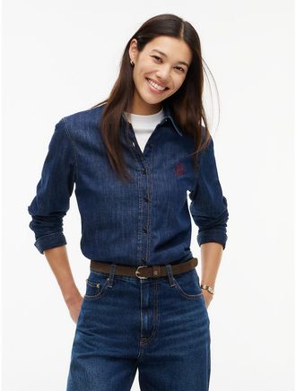 Tommy Hilfiger Womens Relaxed Fit Script Monogram Denim Shirt - Blue - XS