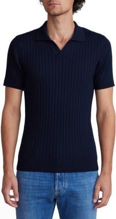 Emanuel Berg Vertical Rib Short Sleeve Merino Wool Knit Polo in Navy at Nordstrom Rack, Size X-Large