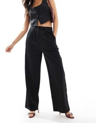 Miss Selfridge tailored wide leg dad pants in black pinstripe-Gray