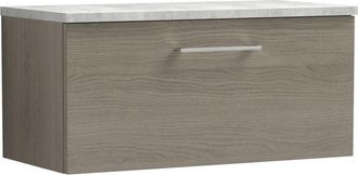 Nuie Arno Wall Hung 1-Drawer Vanity Unit with Bellato Grey Worktop 800mm Wide - Solace Oak Woodgrain - Nuie