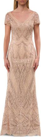 La Femme Long Art Deco Gown with Intricate Beaded Design in Champagne at Nordstrom, Size 12