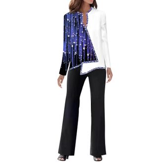 Generic Womens 2 Pieces Outfit Elegant Formal Trousers Suits Casual Long Sleeve Shirt Tops And Wide Leg Pants Going Out Trousers Suits Wedding Office Work For