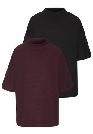 Lascana Kurzarmshirt LASCANA mit Stehkragen, Damen, Gr. 32/34, lila (aubergine, schwarz), Cr&ecirc;pe, Obermaterial: 97% Polyester, 3% Elasthan, unifarben, l&auml;ssig g