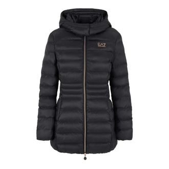 Emporio Armani Winter Jackets, female, Black, Size: 2XS Black Hooded Jacket with Rosagold Logo