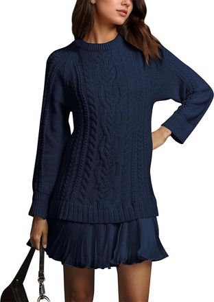 Generic Women Crewneck Cable Knit Sweater Mini Dress, Autumn and Winter Warmth Long Sleeve Pleated Dresses (Dark Blue,L)