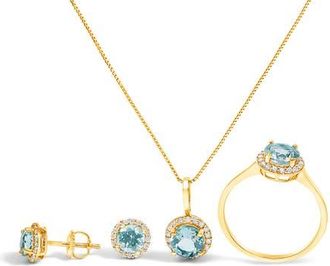 House of Brilliance 10K Gold Gemstone and 3/8 Cttw Diamond Halo Jewelry Set in Yellow | Blue Aquamarine at Nordstrom