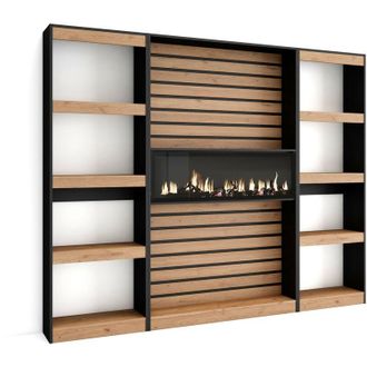 Skraut Home Librer&iacute;a Estanter&iacute;a, Estanteria Libros De Pared, 230x186x25cm, Sal&oacute;n - Comedor - Oficina, Chimenea El&eacute;ctrica, Estilo Moderno, Roble Y Negro - Skraut H