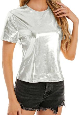 Generic Womens Striped Shirts Womens Spring Summer Metallic Glossy Round Neck Loose Casual T Shirt Shirts for Women Casual (Silver, S)