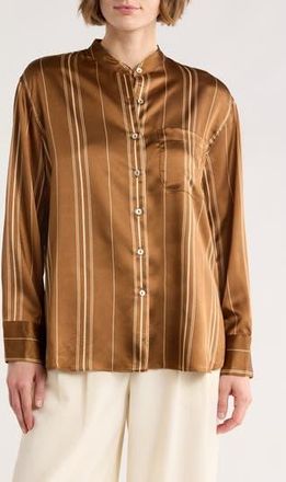 Elie Tahari Stripe Satin Button-Up Shirt in Bronze/White Stripe at Nordstrom Rack, Size X-Large