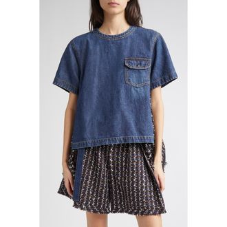 sacai Mixed Media Denim & Tweed Top in Blue/Navy 405 at Nordstrom, Size 2