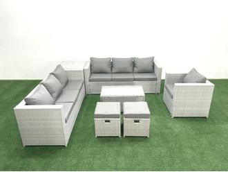 Fimous Wicker pe Rattan Sofa Garden Furniture Set with Armchair Oblong Coffee Table 2 Small Footstools Side Table Light Grey Mixed - Fimous