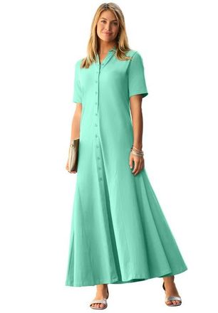 Jessica London Stretch Cotton Button Front Maxi Dress in Pale Seafoam at Nordstrom, Size 22