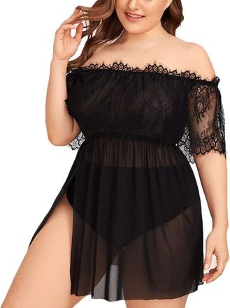Generic Women Fashion Size Nightdress Plus Lace Mesh 1XL-4XL Off-Shoulder Lingerie Stockings for Plus Size Women Lingerie (Black, XXXXL)