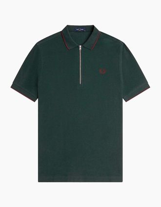 Fred Perry Mens Fred Perry Crepe Pique Zip Neck Polo Shirt - Green - Size: 36