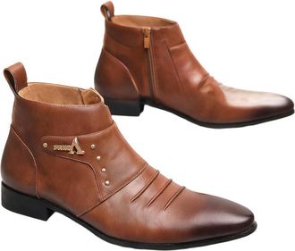 Generic Mens PU Leather Office Dress Boots Round Toe Short Boots with Side Zipper Flat Heel Formal Boot,Brown,5.5 UK