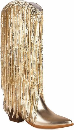 Generic Womens Block Heel Western Cowboy Boot Pointed Toe Long Boots with Tassel PU Leather Knee High Boots,Gold,7.5 UK