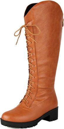 Generic Womens Lace Up Knight Boots Low Block Heel Knee High Boots Round Toe PU Leather Casual Long Boot,Yellow,5.5 UK